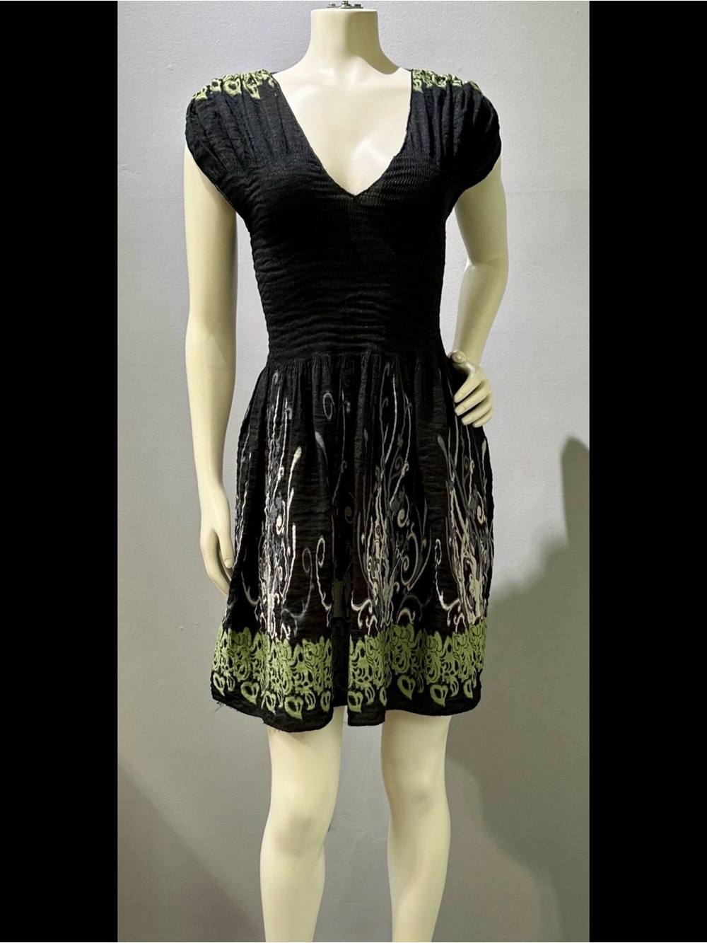 Black V-Neck Short Dress with Green Embroidered Hem